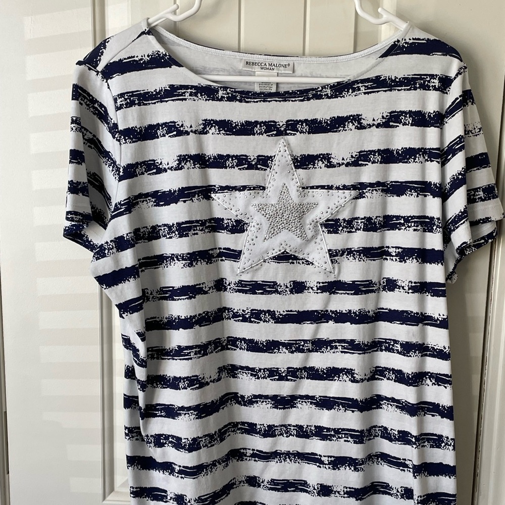 Navy and white stripe short sleeve shirt 1X